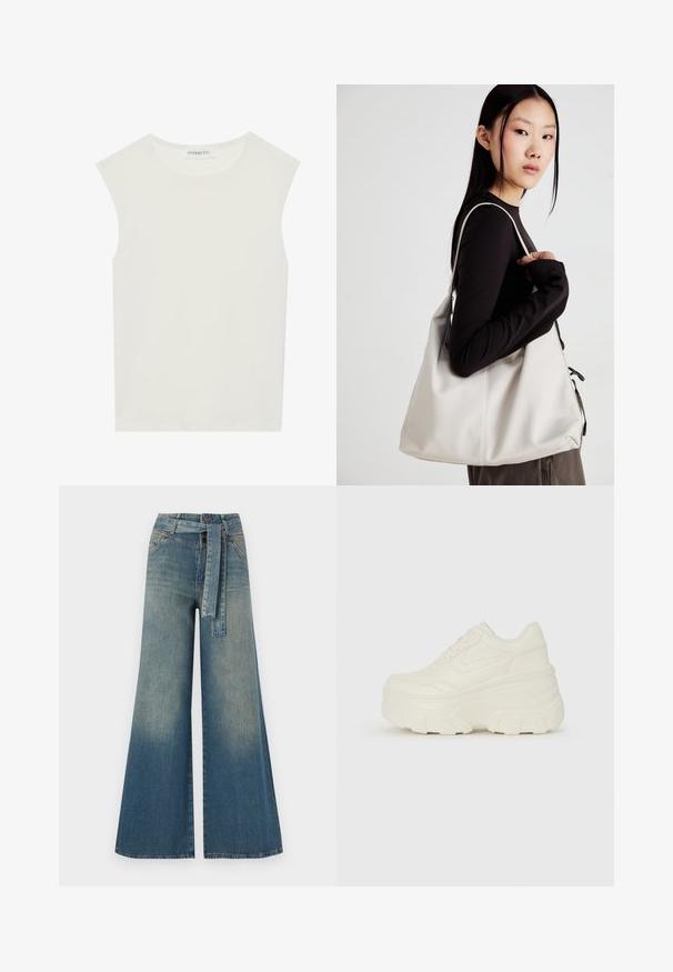 Weißes ärmelloses Top mit rundem Ausschnitt. Hergestellt aus glattem Stoff, hat es einen lässigen Schnitt und minimalistisches Design. Keine Muster oder Akzente.; Weit geschnittene Denim-Hosen mit einem Farbverlauf von hellblau zu dunkelblau, hoher Taille, Gürtelschlaufen und einem passenden Stoffgürtel. Strukturierte Denim-Oberfläche.; Weiße Platform Sneakers mit einem glatten, lederähnlichen Obermaterial, abgerundeter Form, gepolstertem Kragen und strukturierten Gummisohlen mit ausgeprägten Stollen.; Beige Handtasche aus weichem Material, mit einem lässigen Design, gesteppten Details und zwei Schulterriemen. Geeignet für den täglichen Gebrauch.
