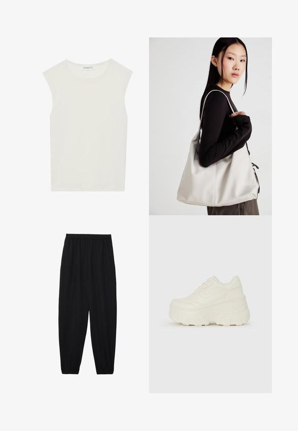 Valge ilma varrukateta topp ümmarguse kaelusega. Valmistatud siledast kangast, sellel on mugav lõige ja minimalistlik disain. Ei ole mustreid ega aksessuaare.; Mustad, kerge kangas püksid elastse vöökoha ja kokku volditud pahkluudega. Kanga pind on sile ja disain on lõdvestunud, kitsenev.; Valged platvormi tõusukingad, millel on siledast nahast meenutav pealis, ümar kuju, pehmendatud kaelus ja tekstureeritud kummitald koos selgete hüdrofoobsete mustritega.; Bež käekott pehme materjali, millel on lõtv disain, õmblustega detailid ja kaks õlarihma. Sobib igapäevaseks kasutamiseks.