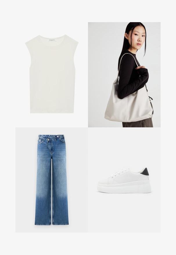Weißes ärmelloses Top mit rundem Ausschnitt. Hergestellt aus glattem Stoff, hat es einen lässigen Schnitt und minimalistisches Design. Keine Muster oder Akzente.; Hellblaue weit geschnittene Jeans mit einer verwaschenen Optik, die ein klassisches Fünf-Taschen-Design und Metallknopf-Akzente an der Taille aufweisen.; Weiße Plateausneaker aus glattem Kunstmaterial, mit runder Zehenform, Schnürdesign und einer strukturierten Gummisohle. Schwarzer Fersenakzent.; Beige Handtasche aus weichem Material, mit einem lässigen Design, gesteppten Details und zwei Schulterriemen. Geeignet für den täglichen Gebrauch.