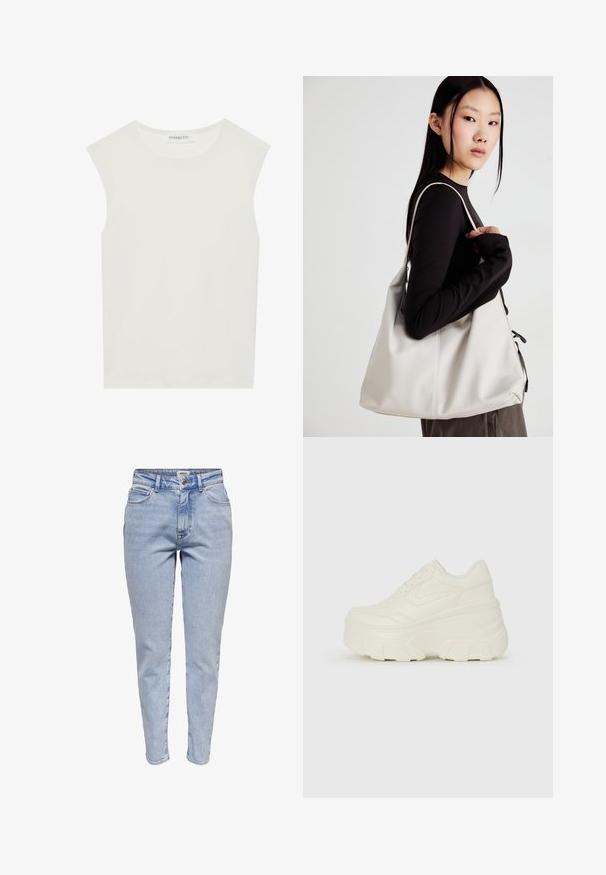 Biała bezrękawnik z okrągłym dekoltem. Wykonana z gładkiego materiału, ma luźny krój i minimalistyczny design. Bez wzorów ani akcentów.; Jasnoniebieskie jeansy typu slim-fit z wysokim stanem, z przodu z guzikiem, zamkiem błyskawicznym oraz pięcioma kieszeniami.; Białe sneakersy na platformie z gładkim, skórzano przypominającym wierzchem, zaokrąglonym kształtem, wyściełanym kołnierzem oraz teksturowaną gumową podeszwą z wyraźnym bieżnikiem.; Beżowa torebka wykonana z miękkiego materiału, charakteryzująca się luźnym fasonem, wyszywanymi detalami i dwoma uchwytami na ramię. Idealna na co dzień.