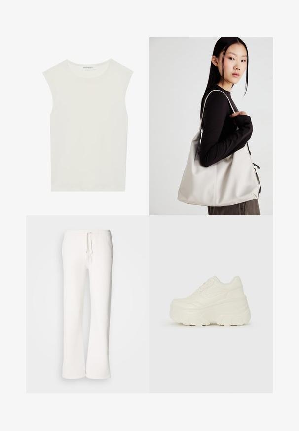 White sleeveless top with a round neckline. Made of smooth fabric, it features a relaxed fit and minimalist design. No patterns or accents.; White, relaxed-fit sweatpants made of soft fabric, featuring an elastic waistband with a drawstring and straight-leg design.; White platform sneakers featuring a smooth leather-like upper, rounded shape, padded collar, and textured rubber sole with defined treads.; Beige handbag made of soft material, featuring a slouchy design, stitched detailing, and two shoulder straps. Suitable for everyday use.