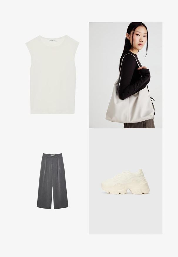 Weißes ärmelloses Top mit rundem Ausschnitt. Hergestellt aus glattem Stoff, hat es einen lässigen Schnitt und minimalistisches Design. Keine Muster oder Akzente.; Faltenhose mit weitem Bein aus einem dunkelgrauen Stoff mit subtiler Textur. Verfügt über einen Knopfverschluss und ein klassisches Design des Bunds.; Flockige weiße Sneaker aus strukturiertem Mesh und synthetischen Materialien, mit einer dicken Sohle und komplizierten Mustern entlang der Seiten.; Beige Handtasche aus weichem Material, mit einem lässigen Design, gesteppten Details und zwei Schulterriemen. Geeignet für den täglichen Gebrauch.