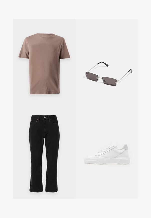 GAP - T-shirt basic; Czarne dżinsy o prostym kroju, pięć kieszeni, metalowe elementy wykończenia w miedzianym kolorze. Gładka tekstura i średni stan.; Białe skórzane trampki o gładkim wykończeniu, zaokrąglonym nosku, płaskich sznurówkach i teksturowanej podeszwie. Szary zamszowy akcent na pięcie.; Okulary przeciwsłoneczne z prostokątnymi, ciemnoszarymi soczewkami, srebrnymi metalowymi ramkami i czarnymi plastikowymi zakończeniami na zausznikach. Lekka konstrukcja z poduszkami nosowymi.