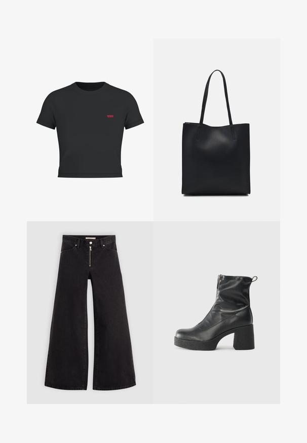 Juoda trumpa rankovė t-shirt, pagaminta iš medvilnės, su mažu raudonu Levi's logotipu kairėje krūtinės pusėje ir klasikiniu apvaliu kaklu.; Plačios kojų džinsai iš juodo džinsinio audinio su užtrauktuku priekyje, penkių kišenių dizainu ir subtiliais siuvinėjimo akcentais. Lygus paviršius ir laisvalaikio stilius.; Juodos kulkšninių botai, pagaminti iš lygaus odos, su šoniniu užtrauktuku, masyviu tekstūruotu kulnu ir apvaliu pirštu.; Juodas odinis tote krepšys su lygia tekstūra, stačiakampio formos ir dviem ilgais rankenomis. Matomų metalinių detalių ar puošybos nėra.