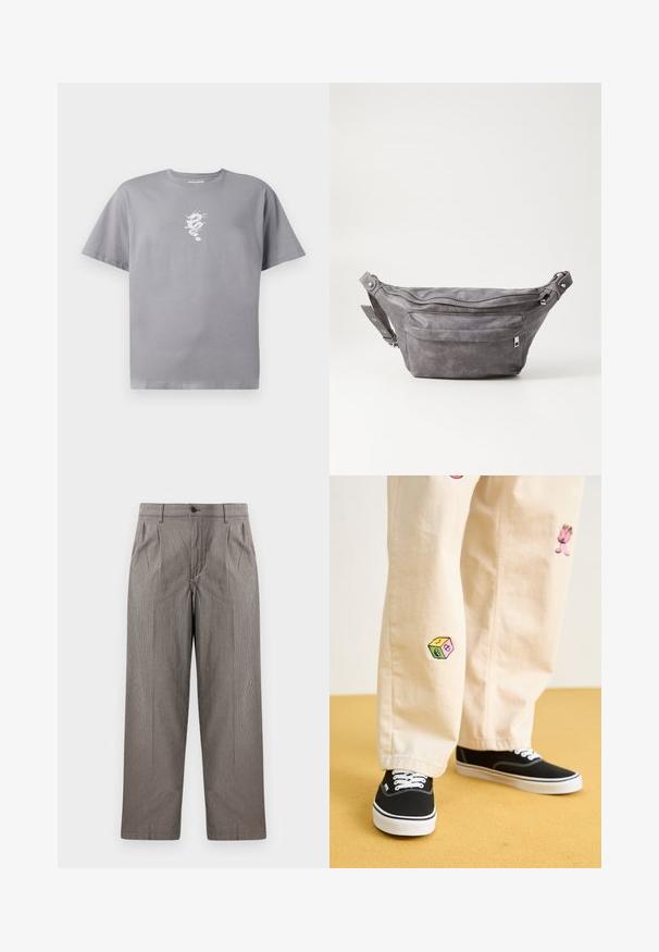 Tricou din bumbac gri, cu un grafic alb al unui dragon pe partea stângă a pieptului, mâneci scurte și o croială lejeră cu decolteu rotund.; Pantaloni gri cu imprimeu houndstooth, cu design drept, având pliuri, un talie cu închidere prin buton și buzunare laterale.; Pantaloni din bumbac bej cu modele brodate jucăușe, inclusiv un personaj roz și un bloc colorat, asortați cu teniși negri cu șireturi.; Borseta gri din suede, cu o formă rotunjită, două compartimente cu fermoar și curea ajustabilă. Are accente din metal.