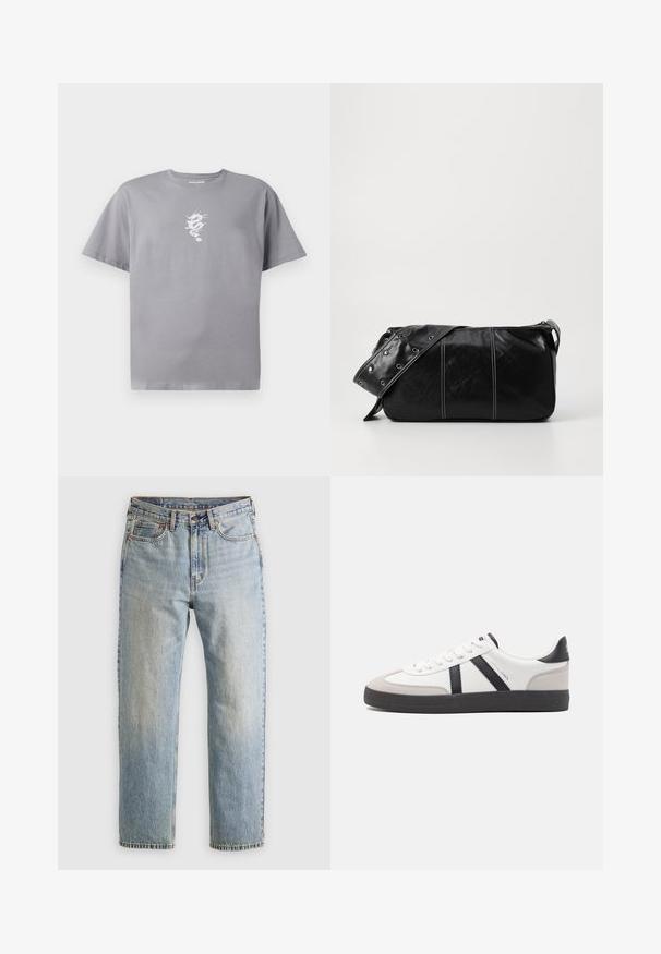 Grey cotton t-shirt featuring a white dragon graphic on the left chest, short sleeves, and a relaxed fit with a crew neckline.; Light blue denim jeans with high waist, front button, zipper, and five-pocket design, laid flat on a neutral background.; White sneaker with black and gray accents, featuring a textured gray toe cap, black rubber sole, and flat white laces. Clean design, minimalist style.; Black leather shoulder bag with a zip closure, featuring a textured body, white stitching, and a strap with silver grommets.