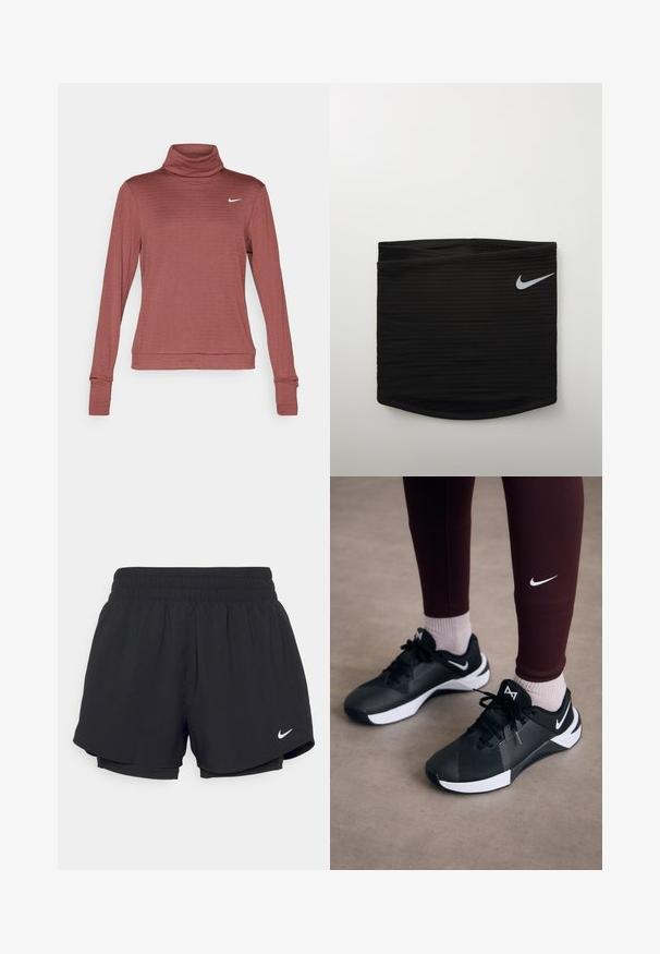 Nike Performance THERMA-FIT SWIFT - Top dugih rukava - red sepia/reflective silver; Crne sportske kratke hlače s naboranom elastičnom trakom u struku, podstavljene, s bijelim Nike logom na donjoj lijevoj strani. Glatka, lagana tkanina.; Crne atletske cipele s teksturiranim gornjim dijelom i bijelim naglascima, opremljene vezicama i logotipom sa strane. Nosene s maroon tajicama i svijetlim čarapama.; Crna sportska elastika s rebrastom teksturom, s malim bijelim Nike swoosh logom na desnoj strani. Glatki, prilagođeni dizajn.
