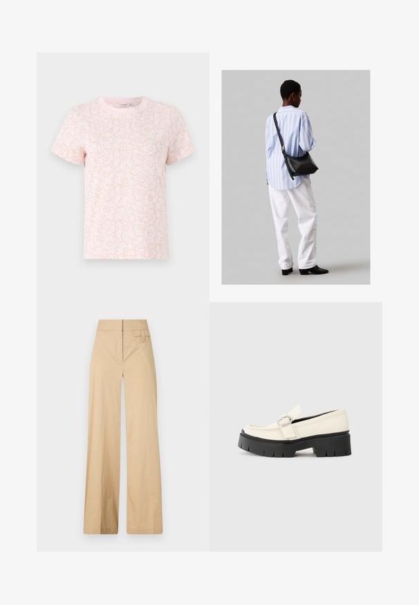 Marimekko HELEYS PIIRTO UNIKKO - Apdrukāts T-krekls - pink; Beige platajuma bikses, kas izgatavotas no kokvilnas maisījuma auduma. Tām ir gluda tekstūra, elastīga josta un sānu pogu detaļa.; Baltā ādas loafera ar masīvu melnu platformu, ar taisnstūra sudraba sprādzi un redzamām šuvām augšējā daļā.; Melna ādas plecu soma ar mīkstu tekstūru, trīsstūra formu un regulējamu siksnu, apvienota ar gaiši zilu svītrotu krekli un baltām biksēm.