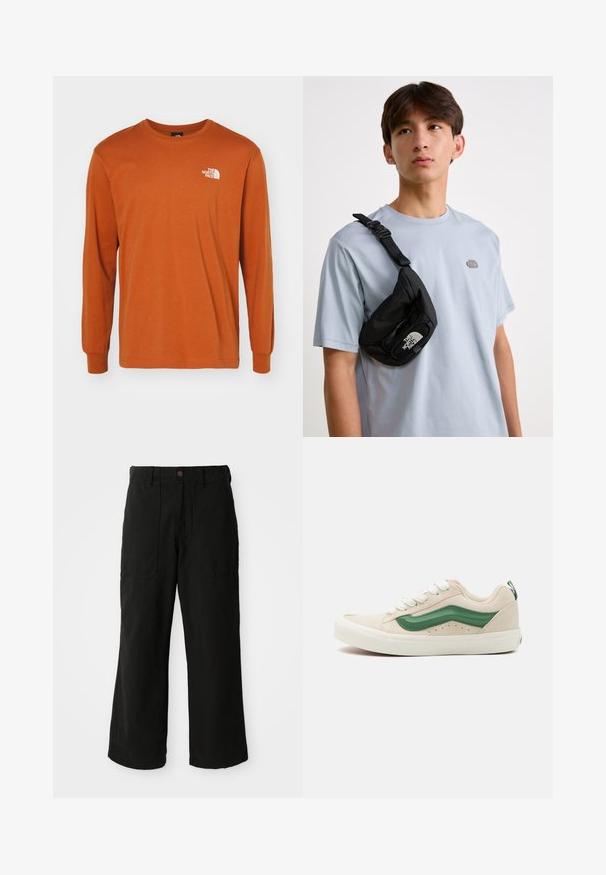 The North Face MENS TEE RELAXED VERTICAL - Tops ar garām piedurknēm - bombay orange; Melni plati bikses no mīksta auduma, ar priekšējiem kabatām un pogu aizdari j ostā. Minimālistisks dizains bez redzamām rakstzīmēm.; Bežīgas zamšādas sporta kedas ar zaļiem ādas akcentiem, noapaļota purngala forma, baltas šņores un teksturēta apdare sānos. Redzama gumijas zole.; Melna neilona krūšu soma ar regulējamu siksnu, ar izteiktu baltu logo. Valkāta virs gaiši zila T-kreklu. Vienkāršs, funkcionāls dizains.