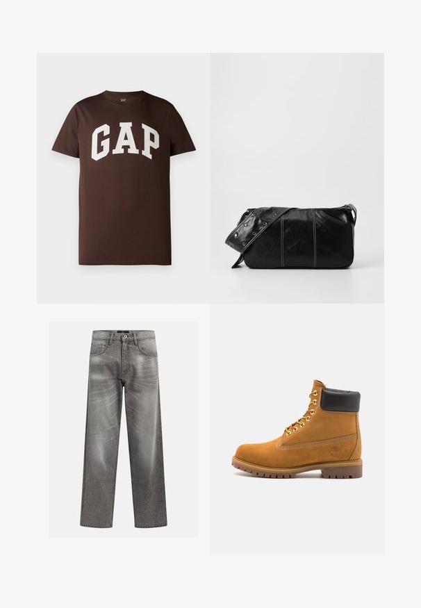 Hnedé bavlnené tričko s bielym logom "GAP" v tučnom, vysokoškolskom písme. Krátke rukávy a okrúhly výstrih. Hladká textúra.; Sivý denimové džínsy s voľným strihom, s detailmi v podobe blednutia a vyblednutej textúry, klasický dizajn s piatimi vreckami a zapínaním na gombík.; Tyrkysové semišové členkové topánky s čiernym polstrovaným golierom, zlatými kovovými očkami, bielym prešívaním a robustnou gumovou podrážkou s výraznými drážkami.; Čierna kožená kabelka cez plece so zipsovým uzáverom, so štruktúrovaným telom, bielym prešívaním a popruhom so striebornými očkami.