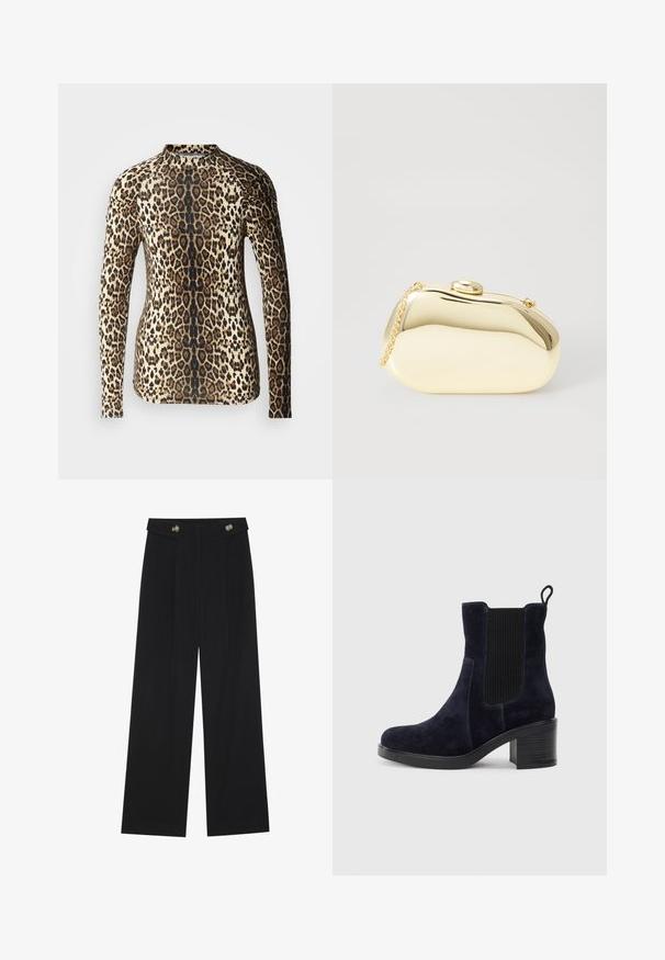 Long-sleeve top in a leopard print pattern, featuring a beige and brown design with a fitted shape and rounded neckline. Smooth texture.; Black wide-leg trousers with high waist, button details on waistband, and front pleats.; Navy blue suede ankle boot with elastic side panel, rounded toe, and block heel. Textured fabric and smooth sole add contrast.; Metallic gold clutch with a smooth, rounded shape, featuring a top button clasp and a small chain strap for carrying.