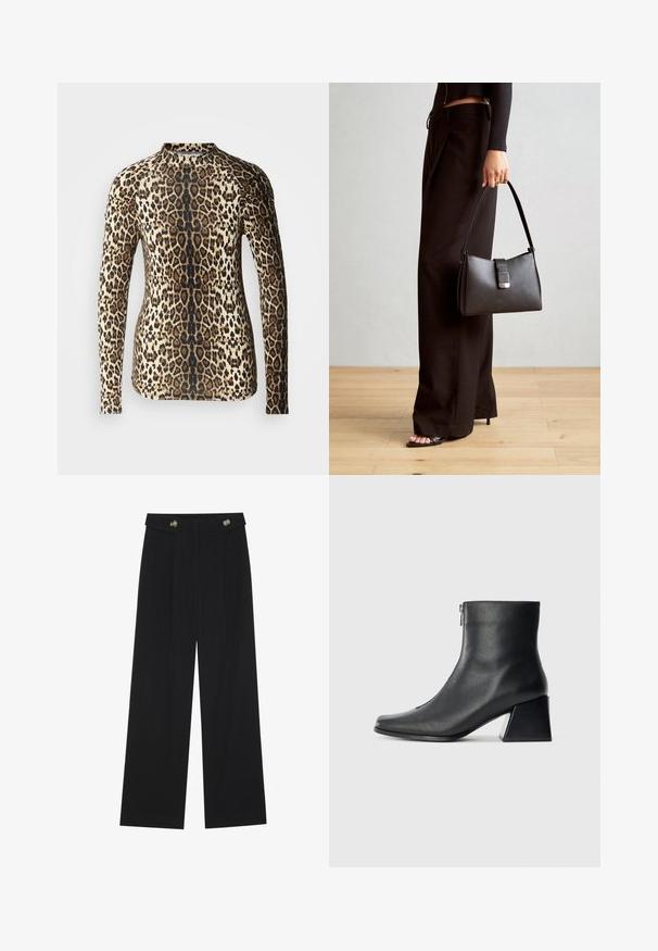 Dug mad s dugim rukavima u uzorku leoparda, s bež i smešnim dizajnom, prilagođenim oblikom i zaobljenim izrezom. Glatka tekstura.; Crne hlače širokih nogavica s visokim strukom, s dugmadi na pojasu i prednjim nabora.; Crne kožne gležnjače sa četvrtastim vrhom, bočnim patentnim zatvaračem i blok petom na jednostavnoj svijetloj pozadini.; Crna torba s oblikom koji sadrži strukturu, glađu teksturu i metalnu kopču. Uparena s širokim crnim hlačama i sandalama na otvorenom s drvenog poda.