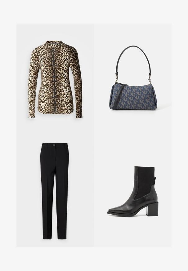 Ilga rankovė viršuje su gepardo raštu, su bežine ir ruda spalvomis, išlaikanti prigludusią formą ir apvalų iškirpimą. Vienalytė tekstūra.; Juodai pritaikyti kelnes su tiesiu sijonu, su mygtukų užsegimu ir diržo kilpomis, pagamintos iš lygaus audinio.; Juodos aulinukai iki kulkšnies, su smailiu pirštu, pagaminti iš lygaus odos ir elastingos medžiagos. Turi kvadratinį kulniuką ir minimalistinį dizainą.; Mėlyna audinio rankinė su raštu, turinti išlenktą formą, juodą odinį dirželį ir logotipo dizainą šviesesnėmis spalvomis.