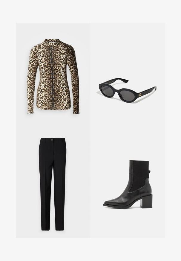 Langarmoberteil im Leopardenmuster, mit einem beigen und braunen Design, körperbetontem Schnitt und rundem Ausschnitt. Glatte Textur.; Schwarze, maßgeschneiderte Hose mit geradem Bein, ausgestattet mit einem Knopfverschluss und Gürtelschlaufen, aus glattem Stoff gefertigt.; Schwarze Stiefelette mit spitzem Schuhschnitt, aus glattem Leder und elastischem Stoff gefertigt. Mit Blockabsatz und minimalistischem Design.; Schwarze ovale Sonnenbrille mit dunklen Gläsern und glänzendem Kunststoffrahmen. Mit goldenem Logo am Bügel, das ein elegantes und modernes Design bietet.; Blau gemusterte Handtasche aus Stoff, mit geschwungener Form, schwarzem Ledergriff und Logo-Design in einem helleren Farbton.