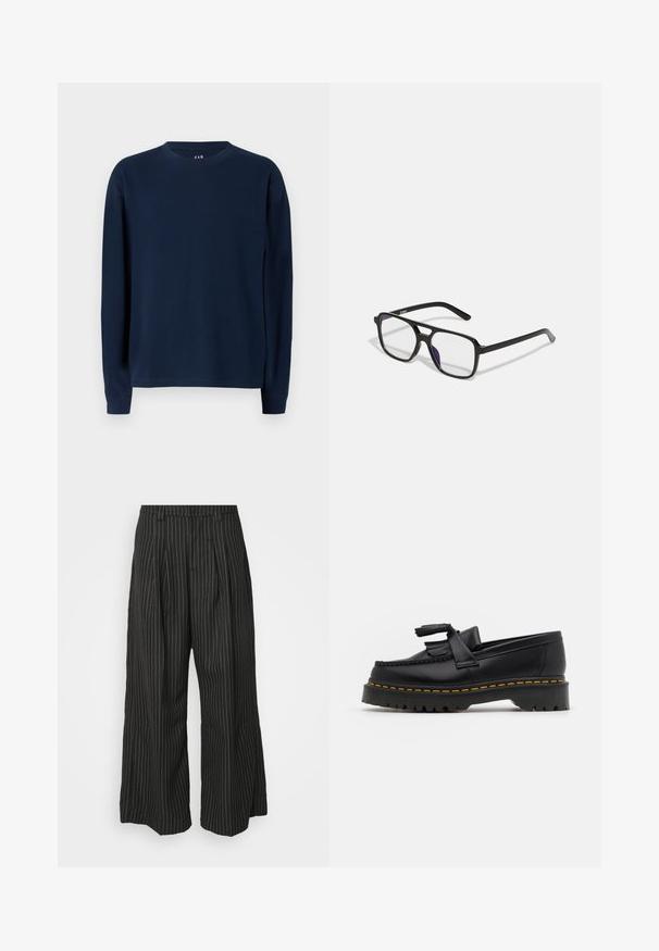 Ναυτικό μπλούζα με μακριά μανίκια και λαιμόκοψη σε ριμπ υφή, με ευθεία γραμμή και ενισχυμένες ραφές, που διαθέτει κλασικό σχέδιο.; Μαύρο παντελόνι σε ρίγες με φαρδιά πόδια και πιέτες, που διαθέτει κομψό σχέδιο και μαλακή υφή. Χωρίς ορατό υλικό ή διακοσμητικά.; Μαύρο δερμάτινο loafer με τασέλ καφέ, με χοντρή μαύρη σόλα και κίτρινη ραφή στην άκρη. Υφή με υλικό texture.; Μαύρα ορθογώνια γυαλιά με διάφανους φακούς και απαλή μωβ απόχρωση, με κομψά βραχίονες και μινιμαλιστική σχεδίαση.