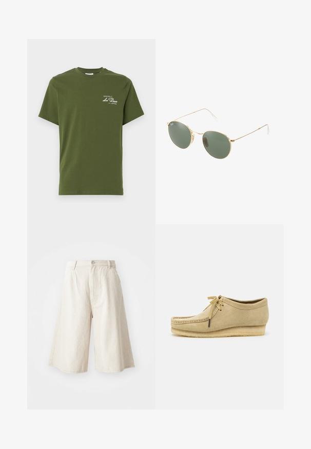 Camiseta de algodón verde oliva con mangas cortas, cuello redondo y texto impreso en blanco en la parte izquierda del pecho. Textura suave, diseño casual.; Pantalones cortos de pierna ancha en color beige, hechos de algodón, con un corte recto, bolsillos frontales y un cierre de botón visible en la cintura.; Zapato de ante beige con diseño de cordones, detalles cosidos y suela de goma. La forma es casual con un ligero tacón en cuña.; Gafas de sol con marco de metal dorado, lentes verdes, forma redonda, patillas delgadas y acentos de plástico blanco en las puntas de las varillas.