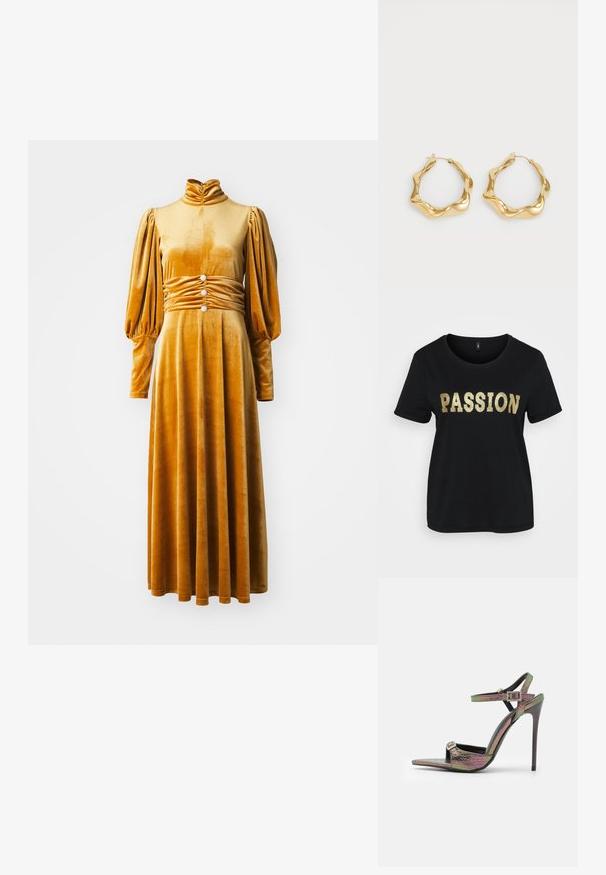 Melnas kokvilnas T-krekls ar īsām piedurknēm, ar zelta spīduma vārdu "PASSION". Apaļa kakla izgriezuma, brīvā fit.; Sinīša dzeltena samta kleita ar augstu kakla izgriezumu, puffotām garajām piedurknēm un savilktu vidukli, kurā ir trīs dekoratīvi pogas. Grīdas garuma dizains.; Augstpapēžu sandales ar daudzkrāsainu, strukturētu čūsku rakstu. Aprīkotas ar regulējamām potīšu siksnām un smailu purngalu dizainu.; Zelta naudas maciņš ar gludu metālisku apdari, taisnstūra forma un vienkārša aizdare. Nav redzamu rakstu vai rotājumu.; Zelta riņķa auskari ar viļņotu, teksturētu dizainu. Iekļauj plānu vadu aizdari un pulētu, atstarojošu virsmu.