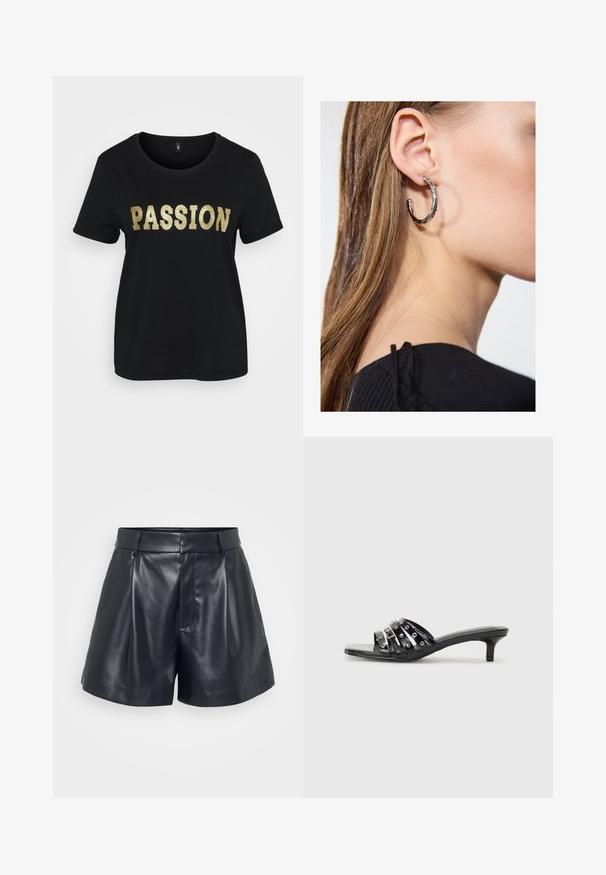 T-shirt de algodão preto com mangas curtas, apresentando a palavra "PAIXÃO" em glitter dourado. Decote redondo, corte descontraído.; Calções de couro pretos com uma textura suave, design ajustado, frente plissada e passantes para cinto; apresentam um bolso com fecho oculto na lateral.; Sandálias de salto alto pretas com várias tiras brilhantes e detalhes metálicos, apresentando um bico fino e saltos kitten modestos. текстура suave.; Brinco de argola prateada com acabamento polido, apresentando pequenos detalhes em dourado e uma forma redonda, usado na orelha.