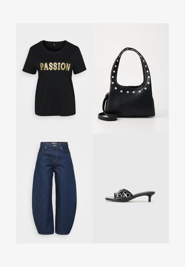 Must ühesuunalise kaelusega must puuvillane T-särk lühikeste varrukatega, millel on kuldne sädelev sõna "PASSION". Lõdvestatud istuvus.; Tumesinised teksapüksid laiade, lõdvalt istuvate lõigetega. Varustatud luku ja nelja taskuga ning kontrastse õmblusega õmbluste ääres.; Mustad musta värvi kontsaga sandaalid, millel on mitmed läikivad rihmad ja metallist aksessuaarid, samuti terav nina ja tagasihoidlikud kitin-kontsad. Sile tekstuur.; Must ja tekstuuriga nahast käekott, mille ülemise serva ja käepidemete äärtes on hõbedased nupud. Kotil on lühike käepide ja eemaldatav õlavööt.; Hõbedane rõngas kõrvarõngas poleeritud viimistlusega, millel on väikesed kuldsed aktsendid ja ümmargune kuju, kantud lobus.