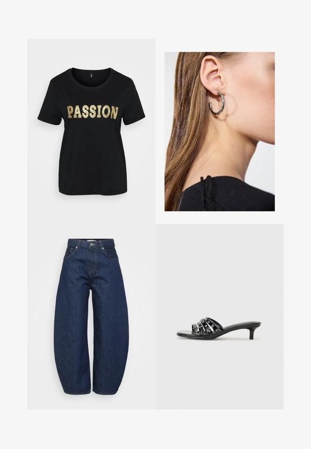 Svart bomull T-skjorte med korte ermer, med ordet "PASSION" i gullglitter. Rund hals, avslappet passform.; Mørkeblå denimjeans med vid, avslappet passform. Har glidelås, fire lommer og kontrastfarget søm langs sømmene.; Svarte hæl sandaler med flere glinsende stropper og metalliske detaljer, med spiss tå og moderate kitten hæler. Glatt tekstur.; Sølv ringøredob med en polert finish, med små gull detaljer og en rund form, båret på øreflippen.