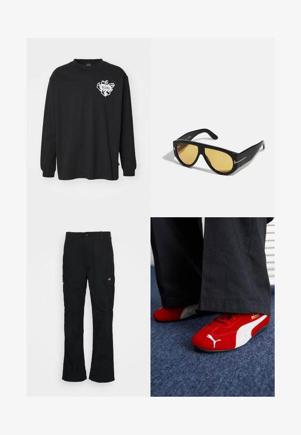 Sort langærmet t-shirt i bomuld med et hvidt logo med flamme-mønster på venstre bryst og rund halsudskæring.; Sorte cargo bukser med lige ben-design, fremstillet af slidstærkt stof, med sidelommer og et patch-logo på venstre side.; Røde ruskindsnikers med hvide accenter, der har struktureret materiale, rund tå og et guld logo på siden, båret med sorte bukser.; Sorte solbriller med en geometrisk ramme, gule linser og gyldne detaljer på stængerne. Glat tekstur, bred form, moderne design.