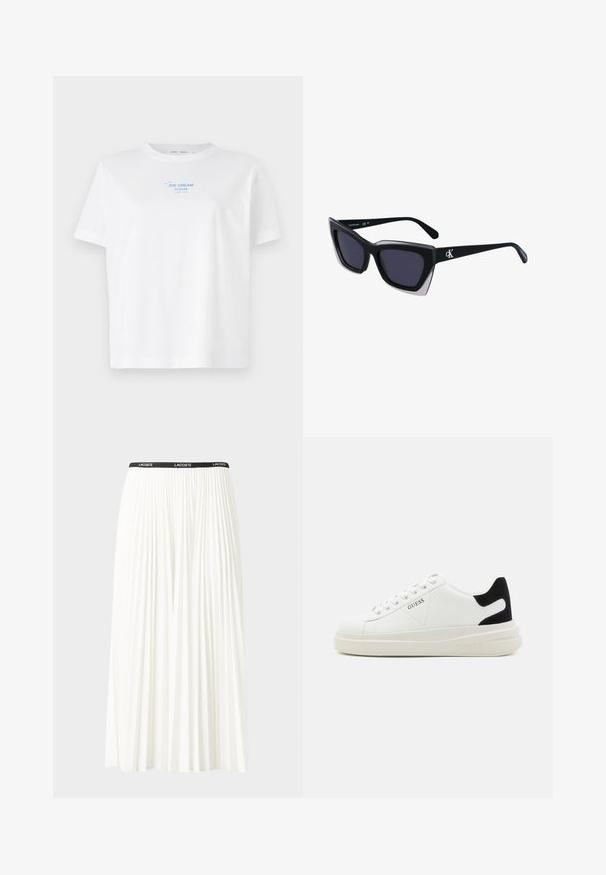 Bílá bavlněná trička s kulatým výstřihem a krátkými rukávy, s modře tištěným textem "ZMRZLINA PROSÍM" nad jednoduchým liniovým obrázkem zmrzlinového kornoutu.; Záhybová bílá sukně s černým elastickým pasem s logem "LACOSTE". Suška je střední délky a má jemnou texturu.; Bílé kožené tenisky s tlustou bílou podrážkou, černým semišovým akcentem na patě a vyraženým logem na boku. Šněrovací design se šesti očka.; Černé oversized sluneční brýle geometrického tvaru, s tmavými skly a kontrastním šedým detailem na rámu. Logo na rameni.