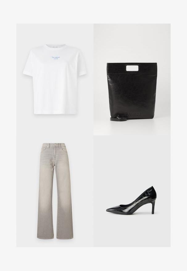 Witte katoenen t-shirt met een ronde hals en korte mouwen, met daarop in blauwe druk de tekst "ICE CREAM PLEASE" boven een eenvoudige lijntekening van een ijshoorntje.; Grijze wijde jeans met een vervaagde afwerking, knoopsluiting, vijfzakkenontwerp en gestikte details langs de naden.; Zwarte puntige hoge hakken met een glanzende afwerking en een subtiel textuurpatroon. Beschikt over een gematigde hak en een open halsontwerp.; Zwarte leren draagtas met een vierkant handvat, met een gestructureerde afwerking en een reliëflogo. Inclusief een afneembare schouderband.