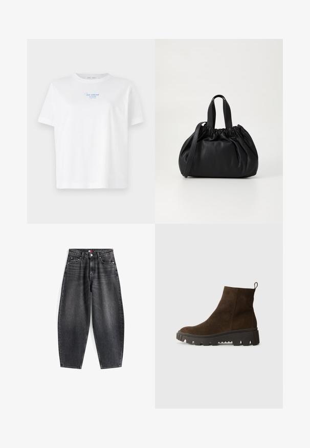 Weißes Baumwoll-T-Shirt mit Rundhalsausschnitt und kurzen Ärmeln, das einen blauen Drucktext "EISBITTE" über einer einfachen Linienzeichnung einer Eistüte zeigt.; Hochgeschnittene schwarze Denim-Jeans mit lockerer Passform, ausgestattet mit fünf Taschen, Gürtelschlaufen und einem Markenlabel am Bund.; Braune Wildleder-Ankle-Boots mit einer stabilen schwarzen Gummisohle, leichtem Absatz und einer Schlaufe auf der Rückseite für einfaches Anziehen.; Schwarze Lederhandtasche mit einem gerafften Oberteil, ausgestattet mit zwei kurzen Griffen und einem langen verstellbaren Schulterriemen. Glatte Textur, runde Form.