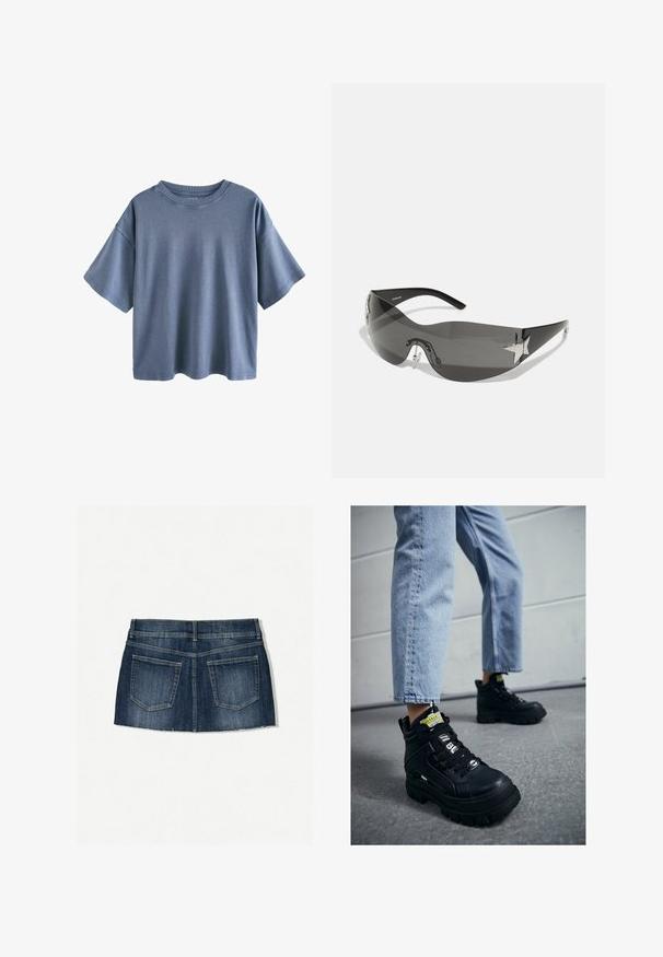 Next RELAXED FIT CREW NECK - Printtipaita - charcoal grey; Denim mini hame, jossa on tumma sininen pesu, viisi taskua, revitty helma ja kapea istuvuus litteällä vyötärölinjalla.; Mustat korkeavartiset tennarit, joissa on paksu pohja, nauhakiinnitys, logotunnisteita ja keltaisia tarroja. Yhdistetty vaaleansinisiin lyhytlahkeisiin farkkuihin.; Musta aurinkolasit, joissa on ympäröivä muotoilu, tummat tummennuslinssit, kiiltävät tähtimuotoiset koristeet ja säädettävät nenätyynyt.; Musta nahkainen olkakassi, jossa on teksturoitu pintakuvio, ketjuelementti, säädettävä hihna ja hopeiset yksityiskohdat.