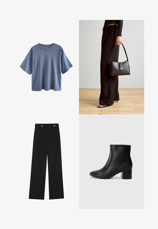 Next RELAXED FIT CREW NECK - T-shirt con stampa - charcoal grey; Pantaloni neri a gamba larga con vita alta, dettagli con bottoni in vita e pieghe frontali.; Stivali neri in pelle fino alla caviglia con punta appuntita e tacco spesso. Texture liscia con minimi dettagli e un design elegante e aderente.; Borsa nera con forma strutturata, texture liscia e una chiusura metallica. Abbinata a pantaloni neri larghi e sandali open-toe su un pavimento in legno.