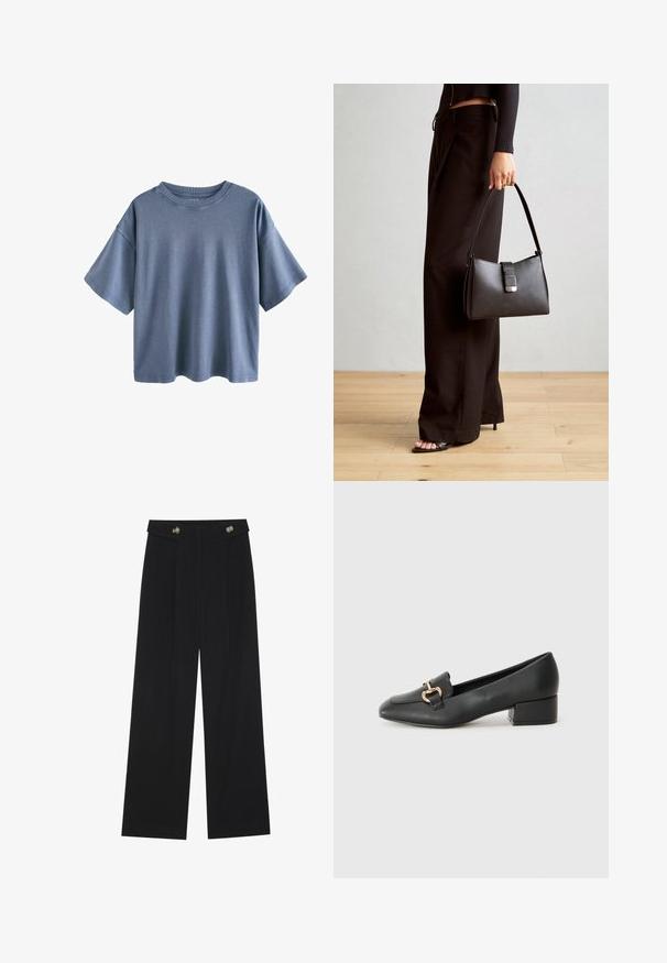 Next - T-shirt z nadrukiem; Czarne szerokie spodnie z wysokim stanem, z detalami w postaci guzików na pasku oraz plisami z przodu.; Czarne skórzane loafersy z płaskim obcasem, z ozdobnym złotym detalem z przodu i gładką fakturą.; Czarna torebka o usztywnionym kształcie, gładkiej fakturze i metalowym zapięciem. Połączona z szerokimi czarnymi spodniami i sandałami na otwartym palcu na drewnianej podłodze.