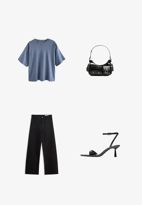 Next RELAXED FIT CREW NECK - T-shirts print - charcoal grey; Sorte wide-leg denim bukser med høj talje, der har front- og baglommer, syede sømme og en knaplukning. Glat tekstur.; Bershka Højhælede sandaletter / Højhælede sandaler - black; Sort patenteret læder håndtaske med en buet form, en skulderrem, frontlommer og hardware accenter i sølvfarve.