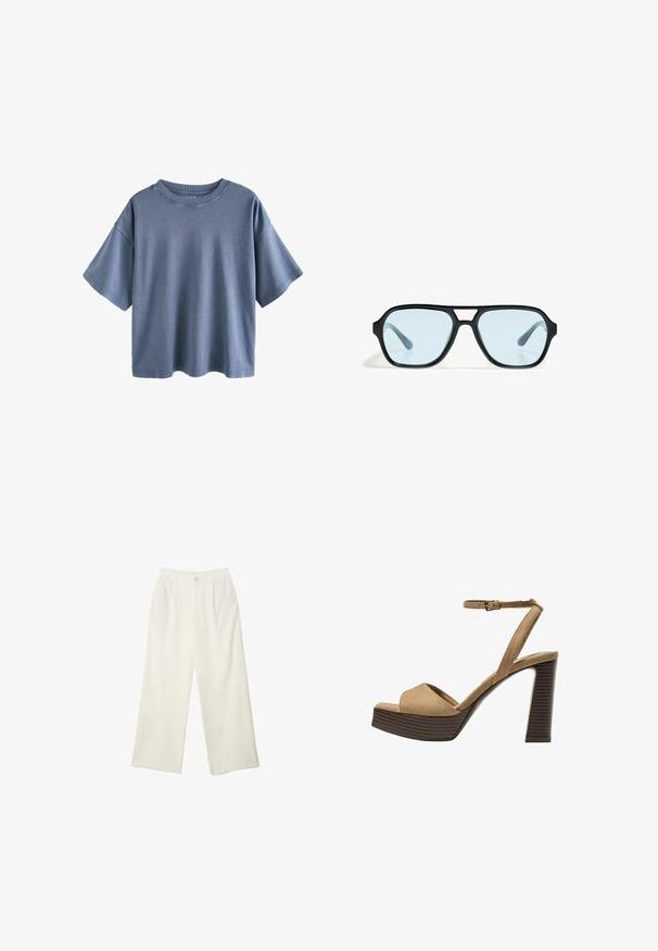 Next RELAXED FIT CREW NECK - Triko s potiskem - charcoal grey; Široké kalhoty z krémové látky s hladkým povrchem, s jediným předním knoflíkem, jemnými skladbami a vysokým pasem.; Bežové semišové sandály na vysokém podpatku s širokým předním páskem a páskem kolem kotníku, s masivním dřevěným blokovým podpatkem s texturovaným povrchem.; Černé sluneční brýle s obdélníkovými rámy, modře zabarvenými skly a charakteristickým tvarem nosníku. Elegantní povrch, decentní textura.; Beige kožená kabelka s jedinečným tvarem, vybavená dvěma krátkými uchy a dlouhým nastavitelným popruhem. Hladká textura s minimem kovových doplňků.