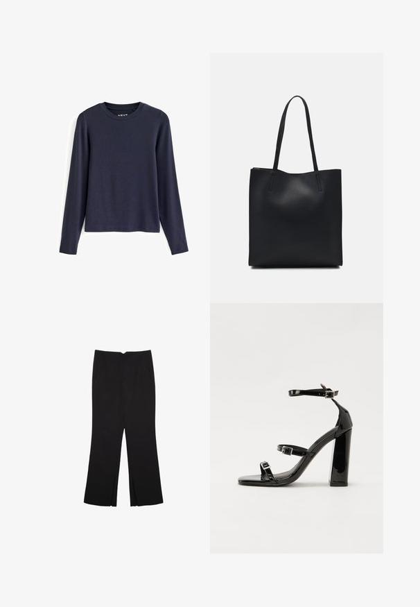 Next - Bluzka z długim rękawem; Czarne spodnie o prostym kroju, z przednimi kieszeniami i bocznymi rozcięciami na dole. Wykonane z miękkiego, gładkiego materiału. Odpowiednie na różne okazje.; Czarne lakierowane sandały na obcasie z kwadratowym noskiem, z paskami wokół kostki i srebrnymi klamrami. Posiadają masywny słupek dla stabilności.; Czarna skórzana torba tote o gładkiej fakturze, prostokątnym kształcie i dwóch długich uchwytach. Brak widocznych elementów metalowych i ozdób.