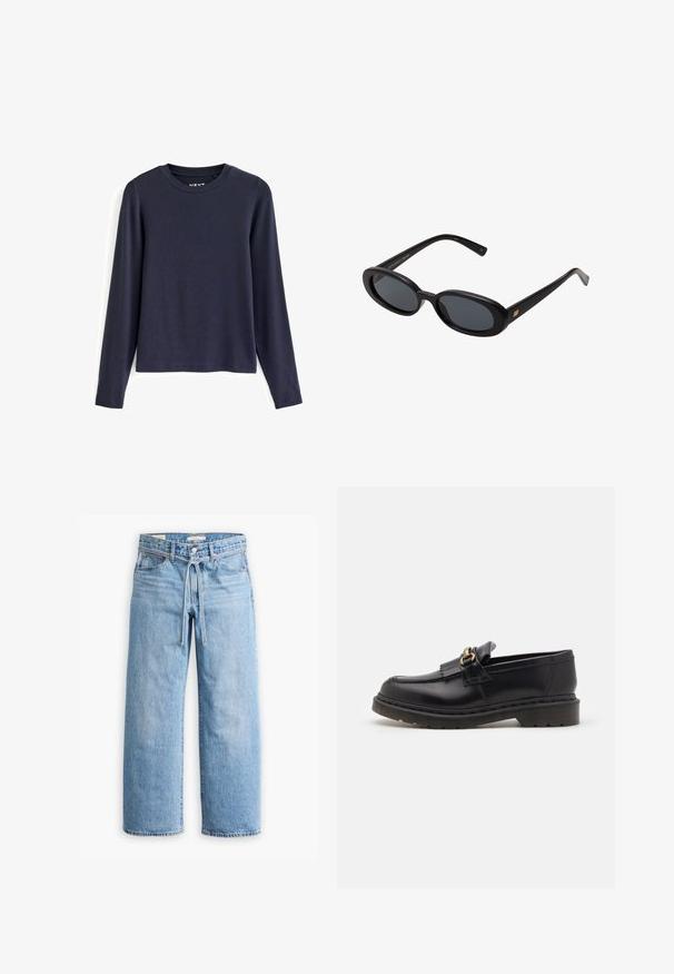 Next CREW NECK - Langarmshirt - navy; Hellblaue Jeans im weiten Schnitt mit hoher Taille, Knopf- und Reißverschluss sowie einer Kordelzugdetails an der Taille. Roh geschnittener Saum.; Schwarze Lederloafers mit runder Zehenform, dekorativem Fransenbesatz und goldenen Hardware-Akzenten. Dicke Gummisohle für zusätzlichen Halt und Strapazierfähigkeit.; Schwarze, oversized Sonnenbrillen mit ovalen Gläsern, glattem Kunststoffrahmen und goldenen Akzenten an den Bügeln. Die dunklen Gläser bieten Sonnenschutz.