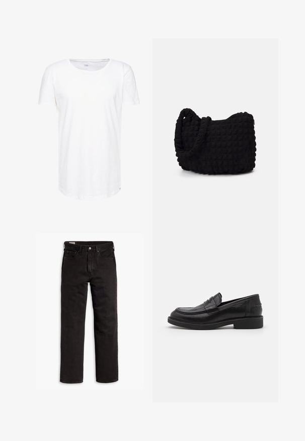 Weißes T-Shirt mit kurzen Ärmeln aus weichem Baumwollstoff. Mit Rundhalsausschnitt und lockerer Passform, ergänzt durch ein dezentes Markenlabel am Saum.; Schwarze gerade Jeans aus Denim mit fünf Taschen, Knopfverschluss und Gürtelschlaufen, flach auf einem weißen Hintergrund ausgelegt.; Schwarze Lederloafer mit abgerundetem Zeh, farblich abgestimmtem Nähen und einem Riemendetail an der Vorderseite. Gummi-Sohle mit niedrigem Absatz.; Schwarze Stofftasche mit einer strukturierten, gesteppten Oberfläche. Abgerundete Form, kurze, dicke Griffe und eine weiche, flexible Struktur.