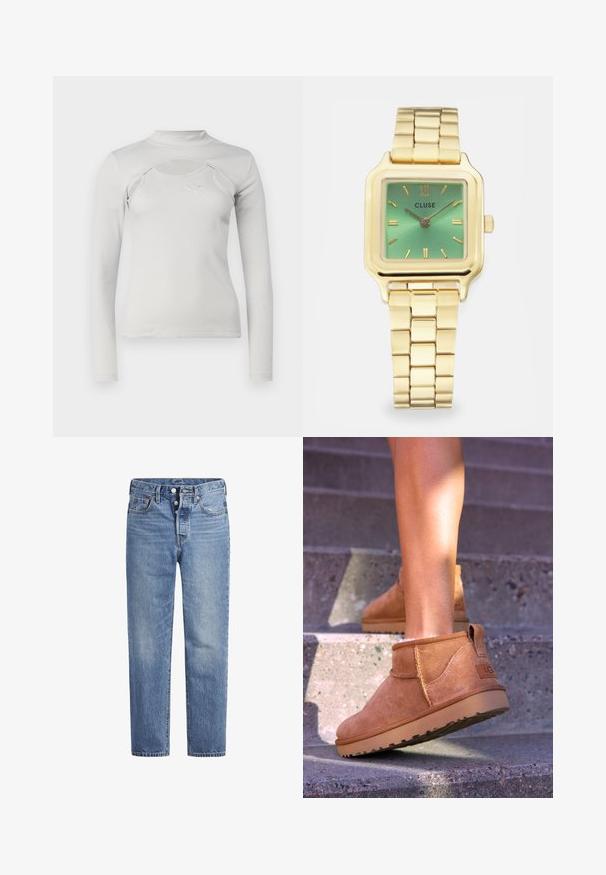 Helehallid pika varrukaga topp ribatekstuuriga, voodriga krae, lõikeloogikaga ja rinnal väikese broderi logoga.; Heled sinised teksad sirge lõikega, viie tasku disainiga ja nööpidega kinni. Omavad kerget pleekimist ja oranže õmblusi.; Kergedest nahast pahklu ботинки pehme tekstuuriga, õmmeldud detailide ja kummist tallaga, millel on sanga kand kergesti selga panemiseks.; Kuldtooniline ruudukujuline kell, millel on roheline gradientkellakujundus, ristkülikukujulised tunni markerid ja ühendatud käevõru. Kaubamärk "CLUSE" on väljas.
