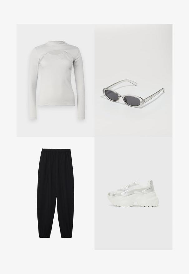 Light grey long-sleeve top with ribbed texture, mock neck, cut-out detail, and small embroidered logo on the chest.; Black, lightweight pants with an elastic waistband and gathered ankles. The fabric is smooth and features a relaxed, tapered design.; Silver sneaker with a textured mesh upper and iridescent accents, featuring a chunky white sole and lace-up closure.; Sunglasses with an oval shape, clear plastic frame, dark gray lenses, and thin transparent arms featuring logo accents and minimal detailing.; Black leather handbag with a curved shape, detachable strap, and gold hardware. The bag features a flap with a buckle detail.