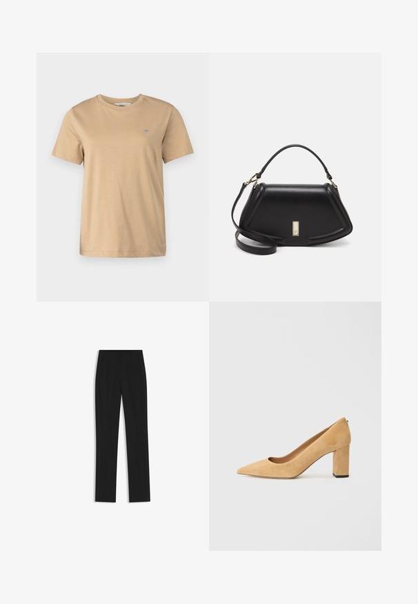 GANT SHIELD - Basic T-shirt - caramel beige; Black tailored trousers with a straight-leg design, featuring front pockets and a smooth, textured fabric. Neat, minimal detailing.; Beige suede high-heeled pump with a pointed toe and a chunky block heel. The material has a soft texture with a smooth finish.; Black leather handbag with a structured design, featuring a cropped shape, top handle, and gold hardware accent. Adjustable shoulder strap included.