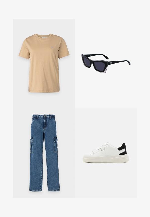 GANT SHIELD - T-shirts basic - caramel beige; Blå denim cargo bukser med en afslappet pasform, der har to sidelommer, forstærket syning og et lige ben-design.; Hvide lædersneakers med en tyk hvid sål, sort ruskindhælvægt og prægede logoer på siden. Snørebåndsdesign med seks øjer.; Store sorte oversized solbriller med geometrisk form, med mørke linser og en kontrasterende grå detalje på stellet. Logo på armen.