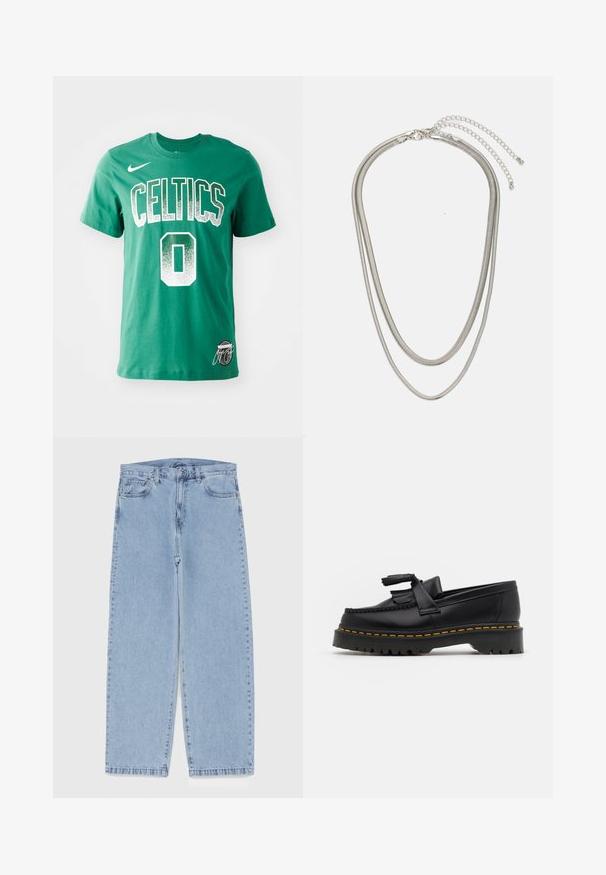 Zaļš kokvilnas T-krekls ar "CELTICS" tekstu un skaitli "0" baltā krāsā ar gradiantu; ietver Nike logo un paraksta detaļu apakšmalā.; Gai zila džinsu bikses ar taisnu kāju dizainu, kas piedāvā vidēju vidukļa augstumu, piecas kabatas un pogas un rāvējslēdzēja aizdari.; Melnas ādas mokasīni ar pērlītēm uzsvaru, ar masīvu melnu zoli un dzeltenu šuvumu gar malu. Ar teksturētu apdari.; Trīslīmeņu sudraba metāla kaklarota ar gludām, elastīgām ķēdēm, kas spīd, droši piestiprināta ar omā uzgali un regulējamu ķēdi.
