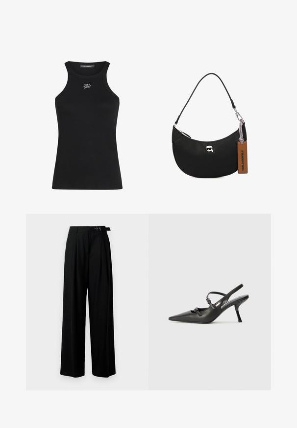 Crna rebrasta majica bez rukava s okruglim izrezom i uskim naramenicama. Ima mali bijeli logo na prsima.; Crne široke hlače s visokim strukom, nabranima sprijeda i remenom s kopčom. Izrađene od glatkog, laganog materijala.; Crne kožne štikle sa otvorenom petom, s uskim vrhom i dekorativnom kopčom na gornjem dijelu. Glatka tekstura i elegantan dizajn.; Crna kožna torba s teksturom od šljunka, zakrivljenog oblika, s gornjim zatvaranjem na zip, srebrnim detaljima i smešnim oznakom. Sadrži akcenat logotipa.