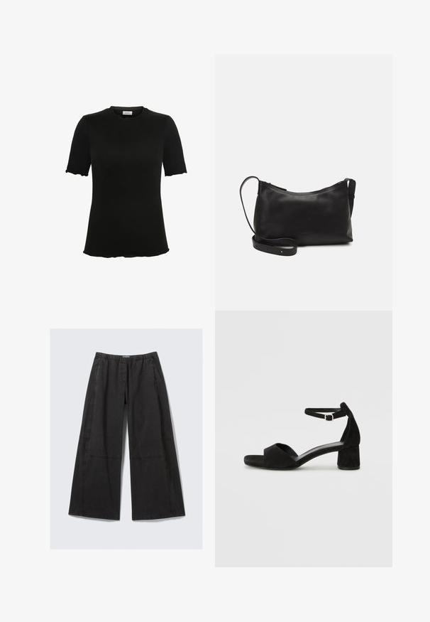 Czarna koszulka z krótkim rękawem o okrągłym dekolcie, wykonana z miękkiego materiału, z falistymi krawędziami rękawów i dołu, co stanowi subtelny detal wzorniczy.; Czarne spodnie typu wide-leg wykonane z bawełny. Posiadają elastyczny pas i boczne szwy z detalami szycia. Płaski przód bez kieszeni.; Czarne zamszowe sandały na obcasie z cienkim paskiem wokół kostki, otwartym noskiem i skromnym słupkowym obcasem. Gładka faktura i minimalne akcenty.; Czarna skórzana torba na ramię o gładkiej fakturze, zakrzywionym kształcie, regulowanym pasku i zapięciu na zamek. Minimalistyczny design bez zdobień.