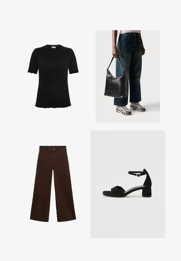 Black short-sleeve t-shirt with a round neckline, made from soft fabric, featuring wavy edges on sleeves and hem for a subtle design detail.; Brown wide-leg trousers in cotton blend, featuring a frayed hem, front button closure, and classic five-pocket design. Minimalistic and versatile.; Black suede heeled sandals with a thin ankle strap, open toe design, and a modest block heel. Smooth texture and minimal accents.; Black leather shoulder bag with a smooth texture and adjustable strap, paired with faded wide-leg jeans and athletic sneakers.