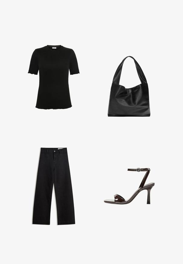 Zwart T-shirt met korte mouwen en ronde hals, gemaakt van zachte stof, met golvende randen op de mouwen en onderrand voor een subtiel ontwerpelement.; Zwarte denim broek met wijde pijpen en een hoge taille, voorzien van voor- en achterzakken, gestikte naden en een knoopsluiting. Gladde textuur.; Bruine gepatenteerde lederen sandaal met hoge hak, enkelbandje, open teen, en een strak, minimalistisch ontwerp. Voorzien van een vierkante hak.; Zwarte leren tote bag met een zachte, slappe vormgeving, brede hengsels en een gladde textuur. Geen zichtbare hardware of versieringen.; Zwarte leren handschoenen met een gladde textuur, voorzien van naden langs de vingers en een getailleerd ontwerp. Zacht, soepel materiaal voor comfort.