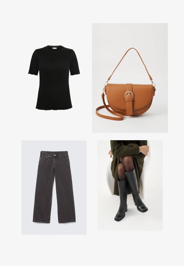 Fekete rövid ujjú póló kerek nyakkal, puha anyagból készült, a hüvelyek és az alj hullámos szegélyezése diszkrét tervezési részletként szolgál.; Sötétszürke farmerből készült, bő szárú farmernadrág. Jellemzői közé tartozik a magas derék, a réz színű kiegészítők és a klasszikus öt zsebes dizájn.; Térdfelett érő fekete bőr csizmák négyzet alakú orral és tömbtalppal, olajzöld kabátban ülő modellel bemutatva. Simaság, minimalista részletezés.; Barna bőr keresztbody táska ívelt formával, aranyszínű fémrészekkel és csat díszítéssel. Levehető vállpánttal rendelkezik.