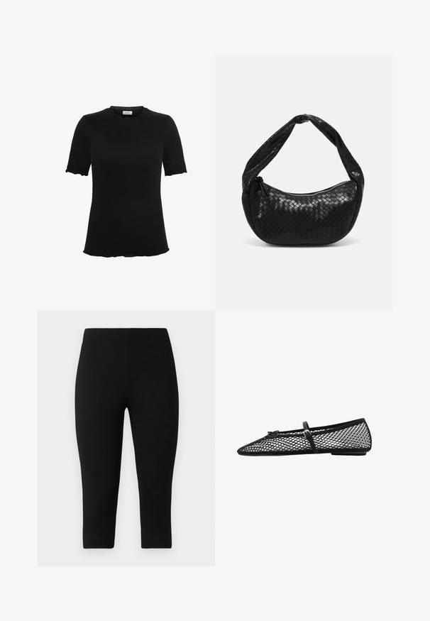 Mustat lyhythihaiset t-paidat, joissa on pyöreä kaula-aukko, valmistettu pehmeästä kankaasta, ja joissa on aaltoilevat reunat hihoissa ja helmassa hienovaraisena suunnittelu yksityiskohtana.; Mustat capri-legginssit, jotka on valmistettu joustavasta materiaalista, tiukalla istuvuudella ja sileällä pinnalla, ilman voimakkaita kuvioita tai yksityiskohtia.; Musta verkkokuvioinen ballerinatyyppinen kenkä, jossa on kärjeltään terävä muoto ja koristelstrap, sekä huomaamaton yksityiskohta. Kenkässä on avoin verkkotyyli ja litteä pohja.; Mustan kudottu nahkalaukku, jossa on kaareva muotoilu, paksu kahva ja vetoketjusulku. Teksturoitu pinta, jossa on kiiltävä vi viimeistely.