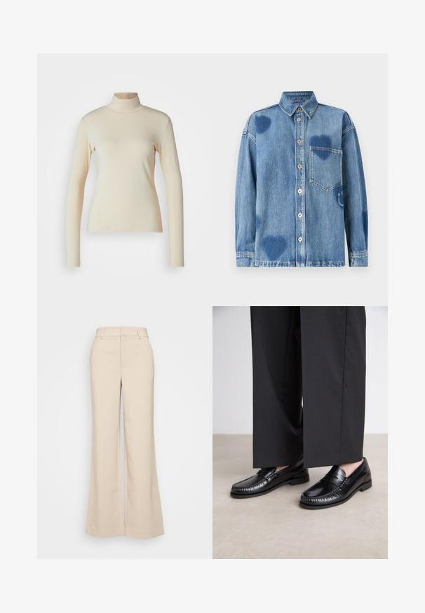 Kremasti dugi rukav turtleneck majica napravljena od glatkog, rastezljivog materijala; uski dizajn s visokim okovratnikom i bez vidljivih uzoraka ili naglasaka.; Traper košulja svijetloplave boje s naglascima u obliku srca, šiljastim ovratnikom, prednjim džepom i kopčanjem na gumbe. Mekan, teksturiran materijal.; Bež hlače širokih nogavica s glatkom teksturom, koja imaju visoki struk i dva prednja džepa. Čist dizajn s prilagođenim krojem.; Crne kožne mokasine s glatkom završnom obradom, prošivene detalje oko nožnog prsta i niskim gumeni potplat. Uparuđene s širokim crnim hlačama.