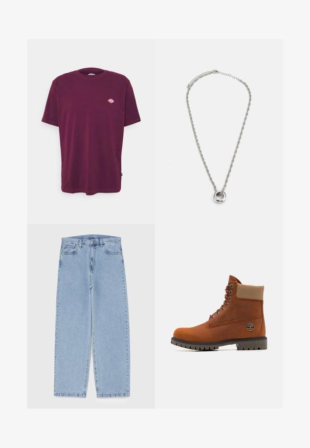 Tricou din bumbac burgund cu guler rotund, mâneci scurte și un mic logo multicolor pe piept. Textură netedă, croi standard.; Cămașă albă cu mânecă lungă, cu nasturi, având dungi verticale subțiri roșii și un buzunar pe piept cu un logo mic roșu și albastru.; Jeans din denim de culoare albastru deschis, cu un design cu picioare drepte, având talie medie, cinci buzunare și un sistem de închidere cu nasture și fermoar.; Timberland Botine cu șireturi - medium orange; Colier din metal de ton argintiu, cu un design al lanțului răsucit și un pandantiv circular cu un finisaj lustruit.
