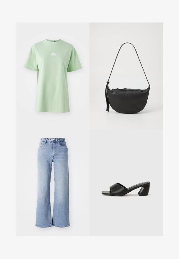 Minta zaļas īsām piedurknēm T-krekls, kas izgatavots no mīksta auduma, ar baltu tekstu "CLUB MATCHA" priekšā. Klassisks apaļais kakls.; Gai zilganzs augsta jostas platajām biksēm ar priekšējām un aizmugurējām kabatām, pogu aizdari un nelielu izbalējumu gurnos un apakšmalās.; Melnas augstpapēžu sandales ar gludu mākslīgu ādu, atvērtu purngalu un raksturīgu leņķveida papēdi. Minimālistiska kvadrātveida apakšas daļa.; Melnas ādas pleca soma ar izliekta formu, vienu siksnu, rāvējslēdzēja aizdari un smalku šuvju izšuvumu pa visu virsmu.